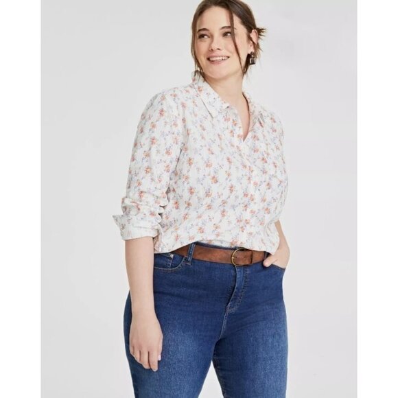 On 34th Womens Shirt Plus Size 2X Floral Print Long Sleeves Shadow Stripe Woven - Picture 2 of 10